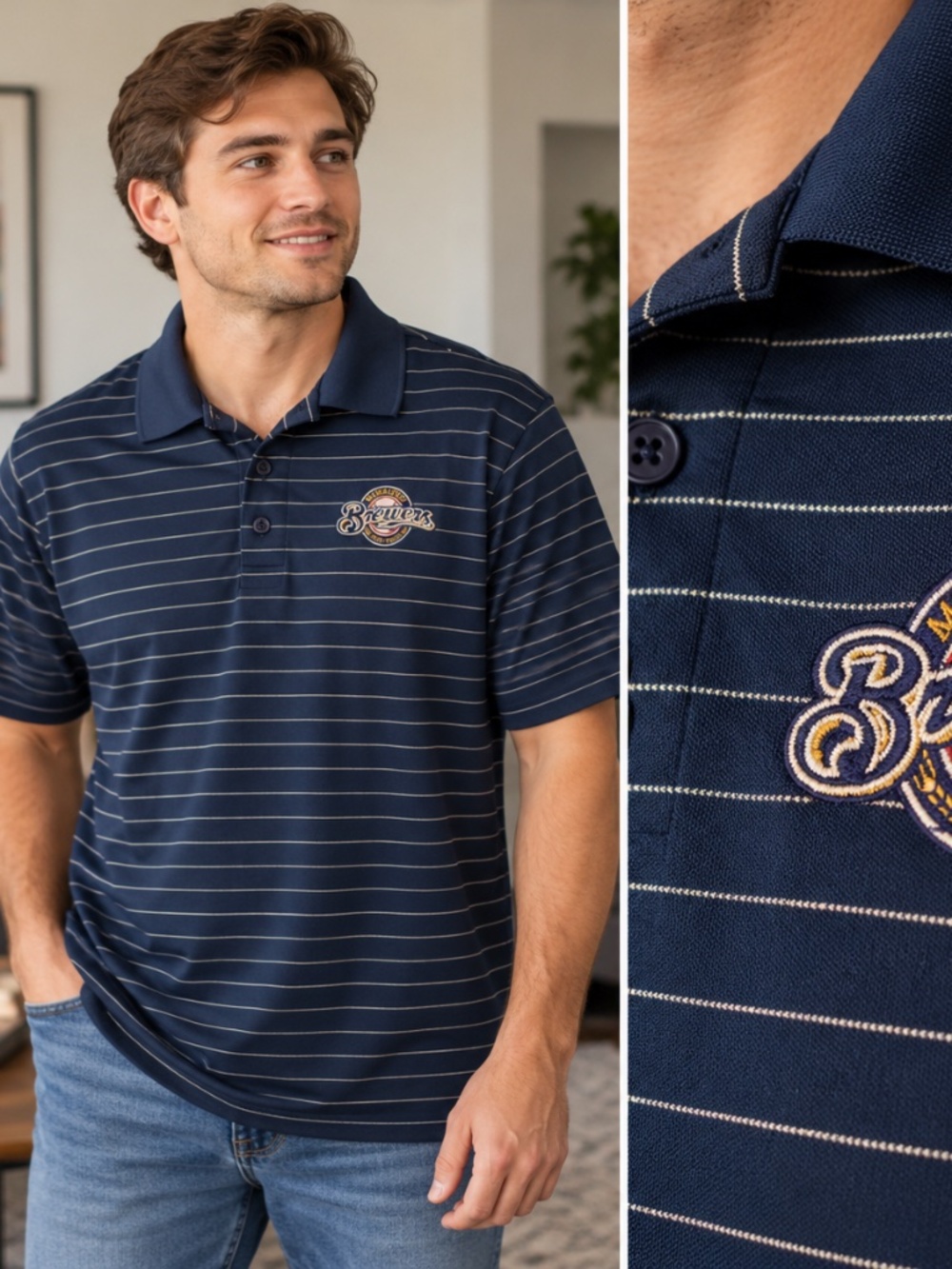 Milwaukee Brewers Antigua Men's Polo Shirt XL Navy Blue Striped Embroidered MLB